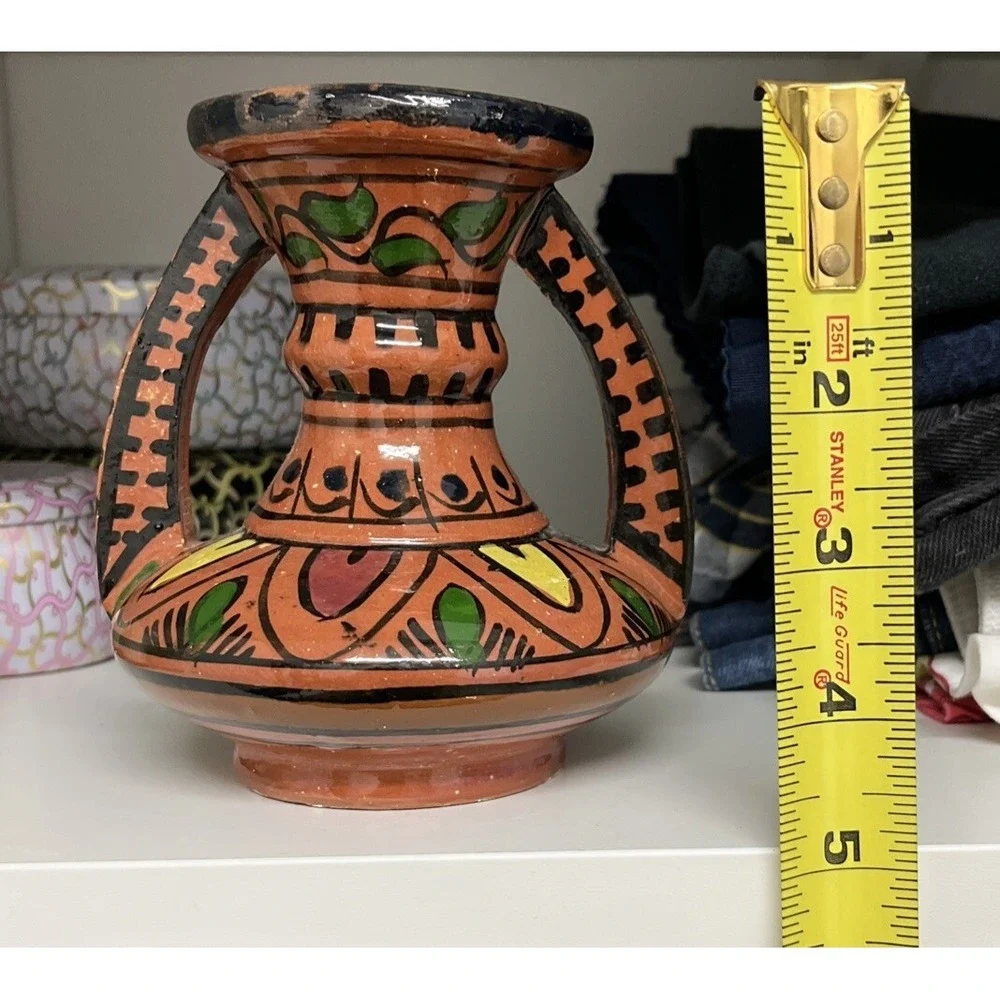 Vtg Hand Made Ruffled Vase Red Clay SAFI Pottery Hand Painted